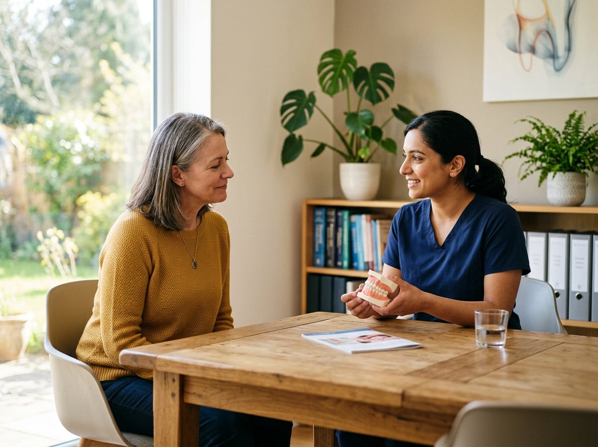 Dentist explaining treatment options to a patient in a consultation