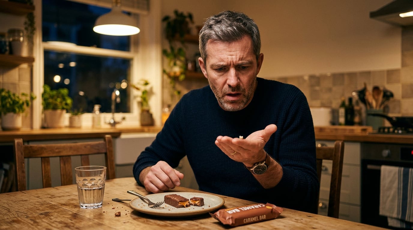 Man looking at a temporary crown in his hand after it came off while eating