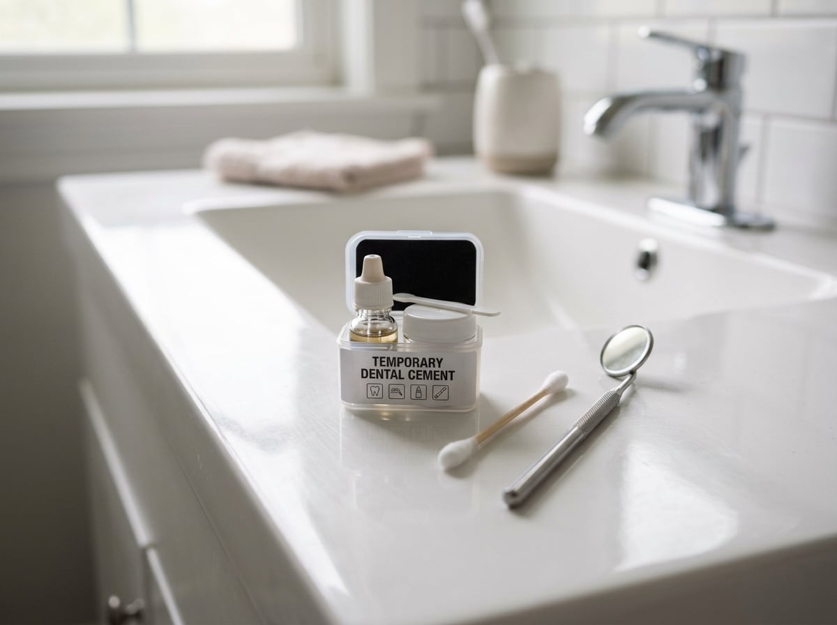 Temporary dental cement kit and dental mirror on a bathroom counter