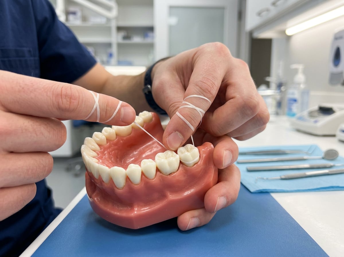 Floss being slid out sideways from between teeth on a dental model