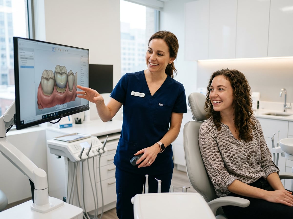 Dentist showing a patient a digital same-day crown design on a screen
