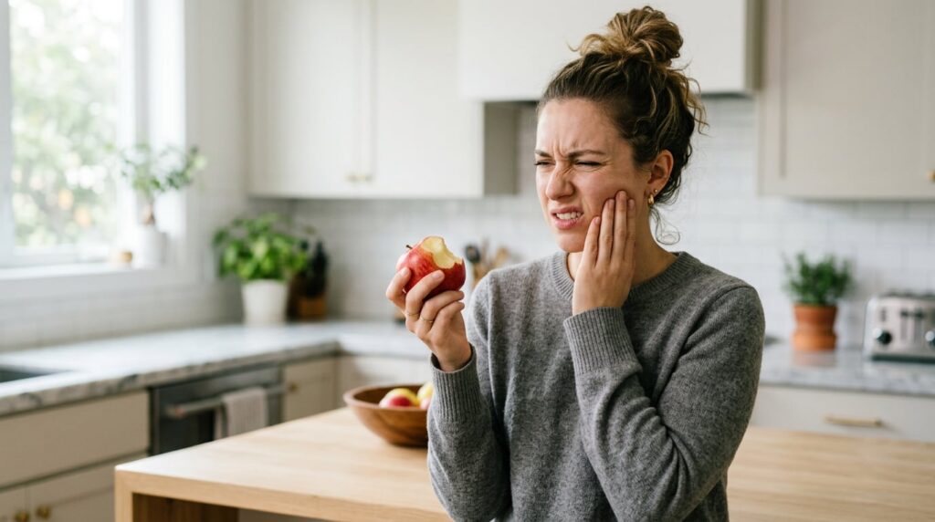 Young woman pressing her lower jaw near a back tooth, showing discomfort from a swollen gum