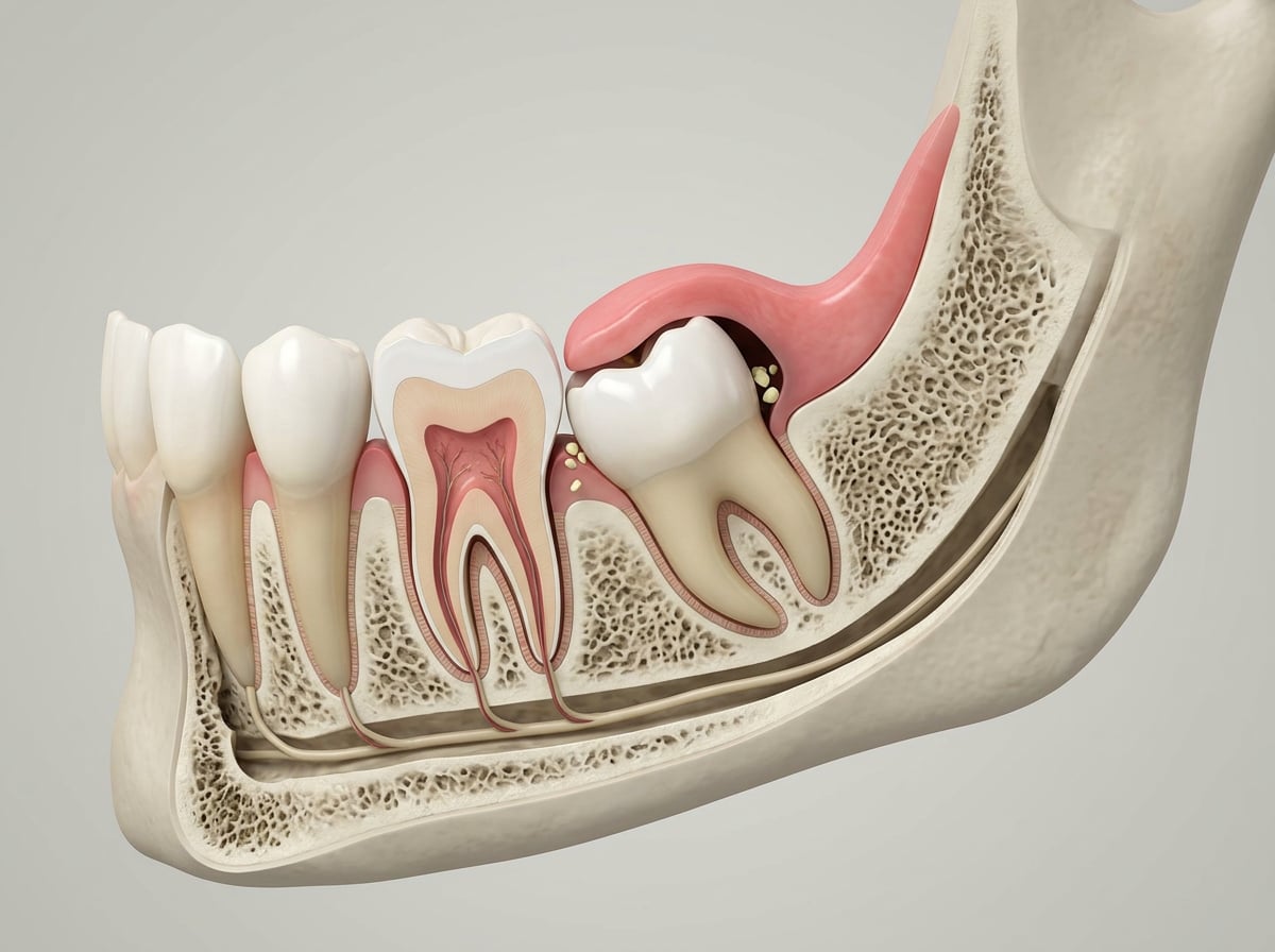 Illustration of a partially erupted lower wisdom tooth with a gum flap covering part of the crown