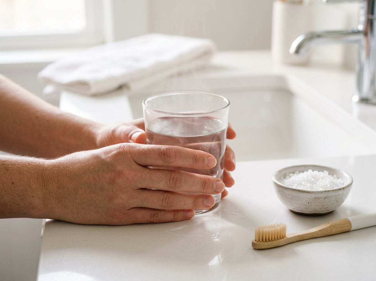 Glass of warm water with salt and a soft toothbrush on a bathroom counter for gentle at-home gum care
