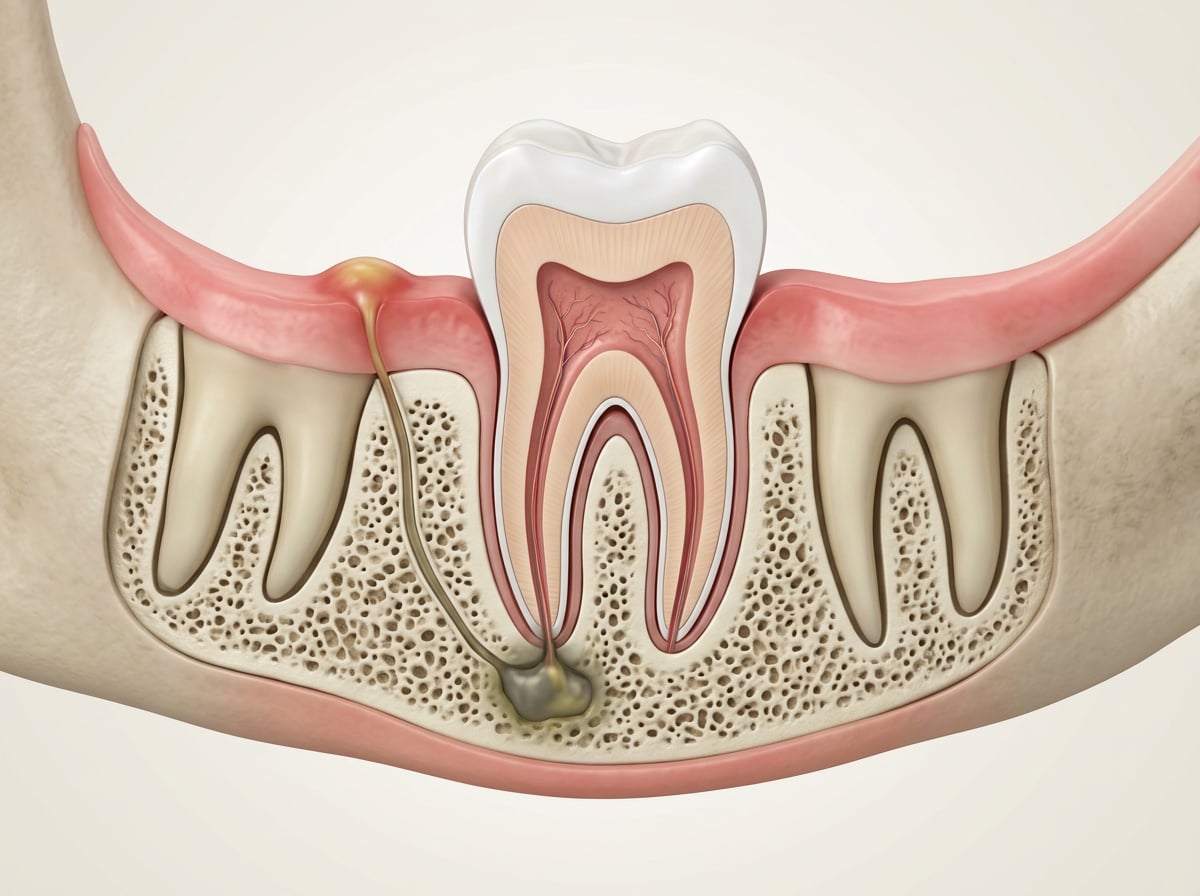 Illustration of a tooth root infection draining through a tunnel to a gum boil on the gum surface
