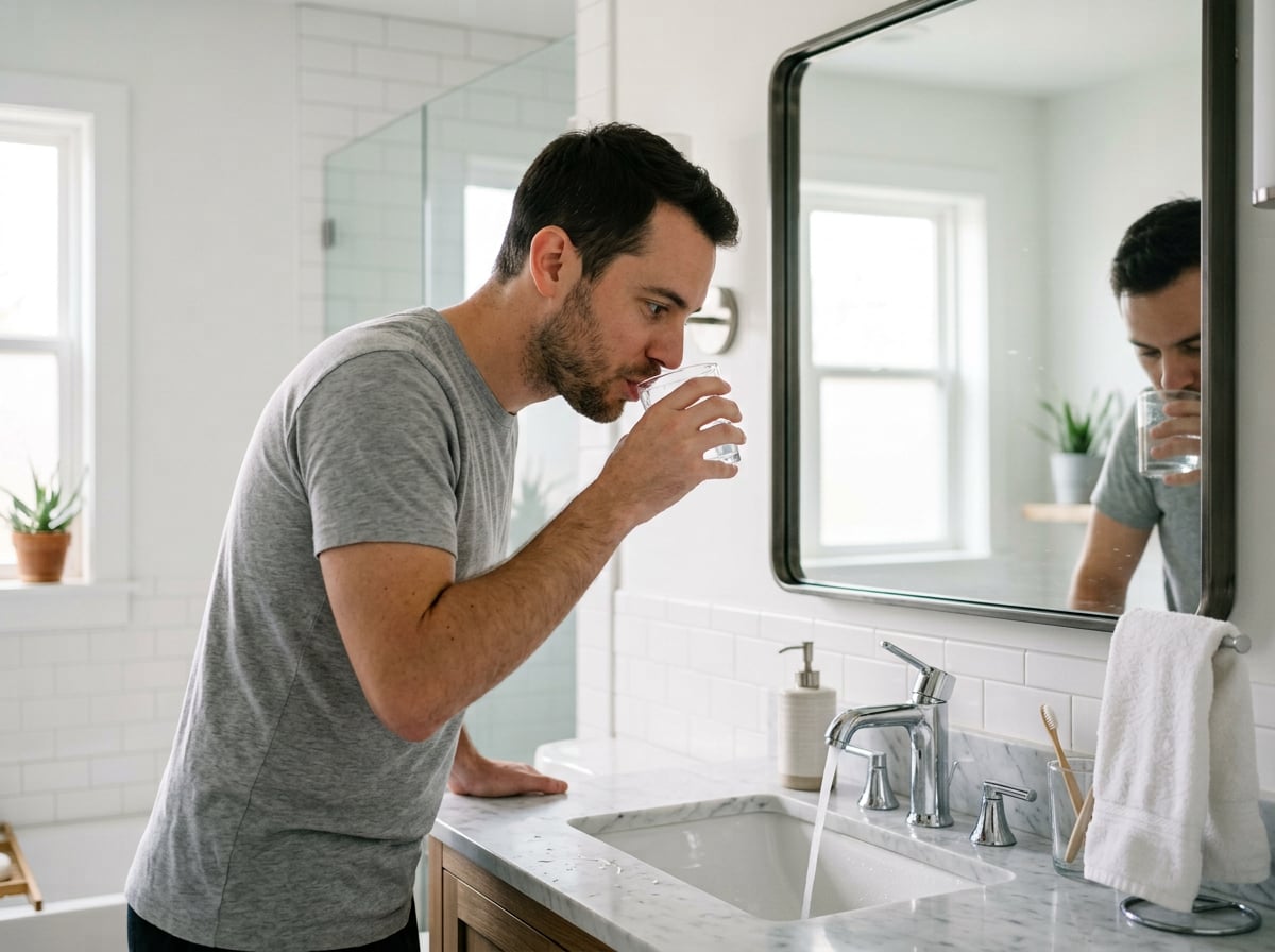Man gently rinsing his mouth with warm salt water at a bathroom sink