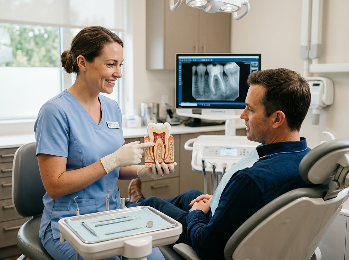 Dentist using a tooth model to explain a root infection to a patient