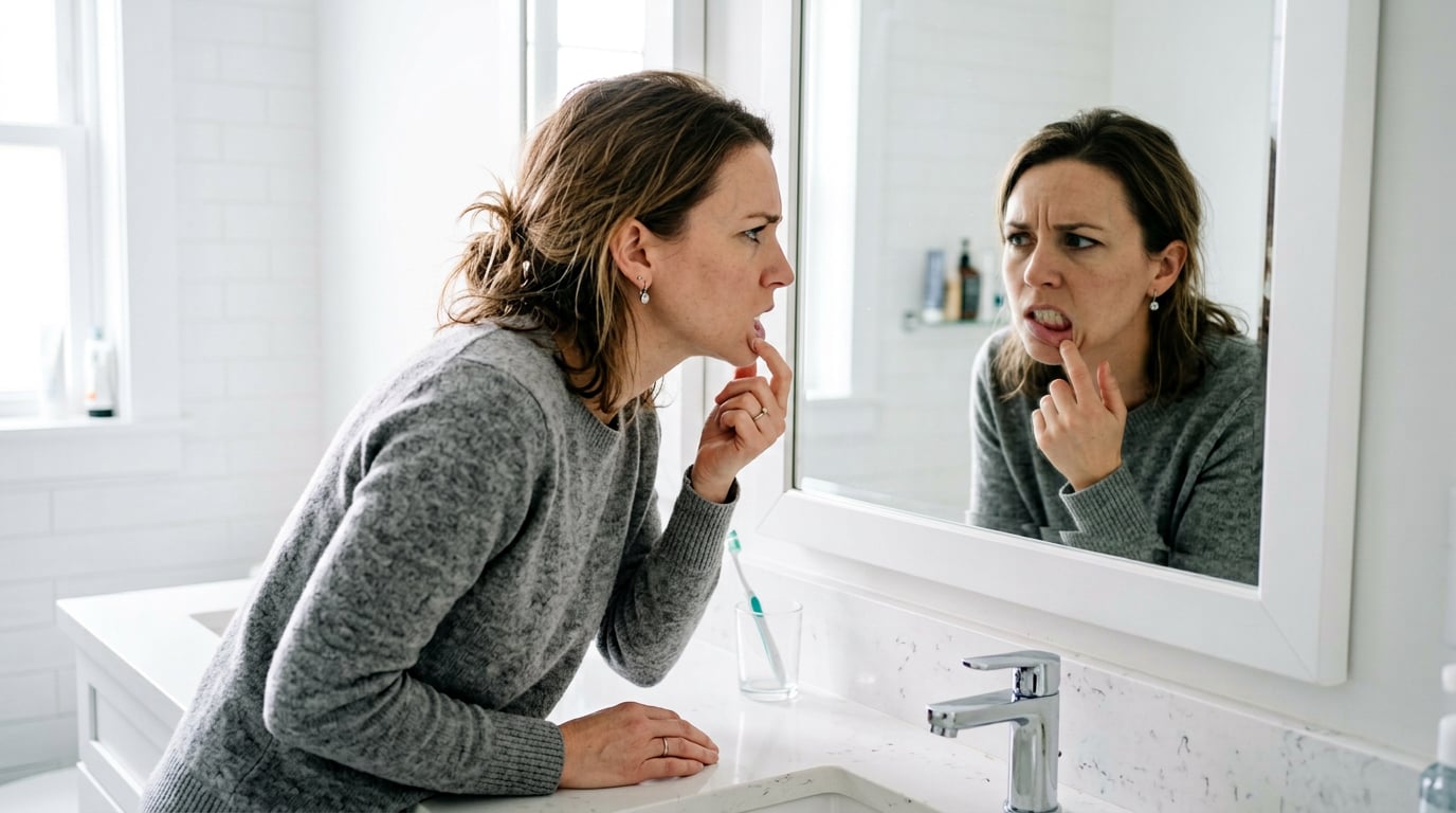 Woman pulling down her lip in a bathroom mirror to check a bump on her gum