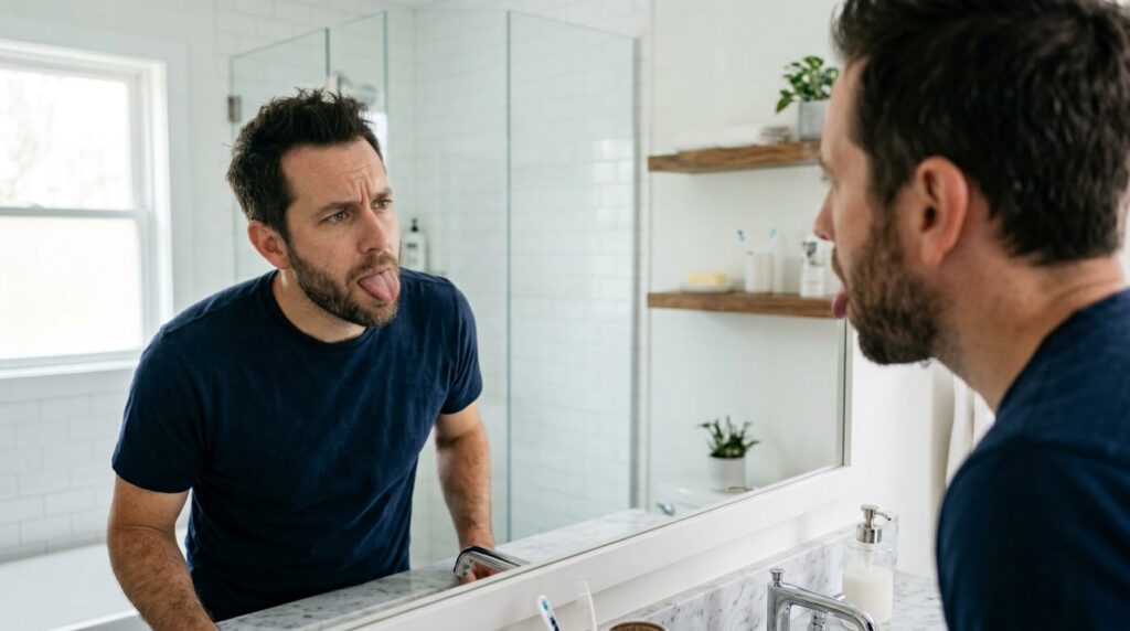 Man sticking out his tongue in a bathroom mirror to check wavy marks along its edges