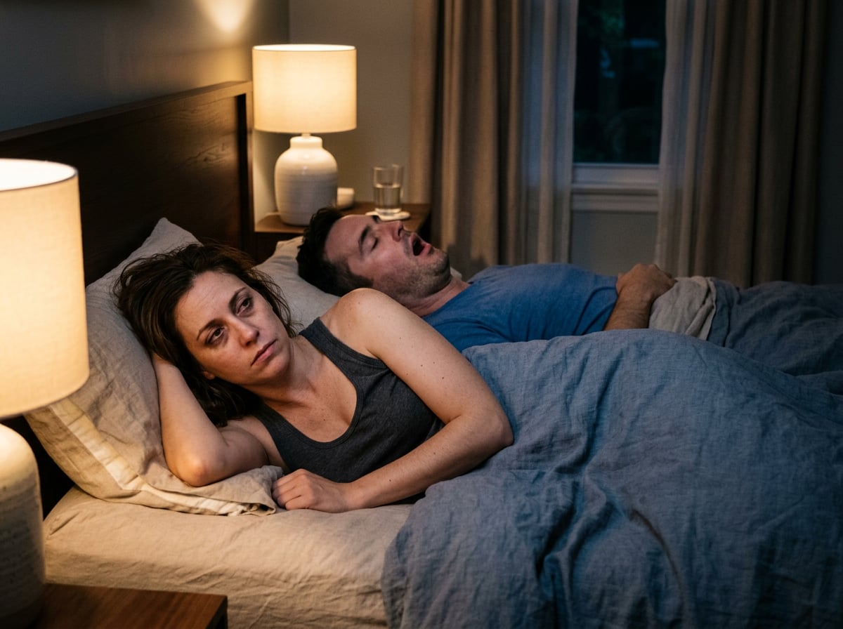 Woman lying awake while her partner snores loudly beside her in bed
