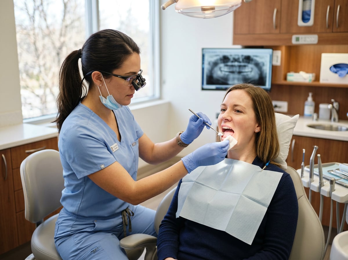 Dentist examining the side of a patient’s tongue with a dental mirror during an exam