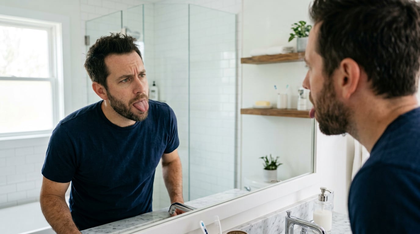 Man sticking out his tongue in a bathroom mirror to check wavy marks along its edges